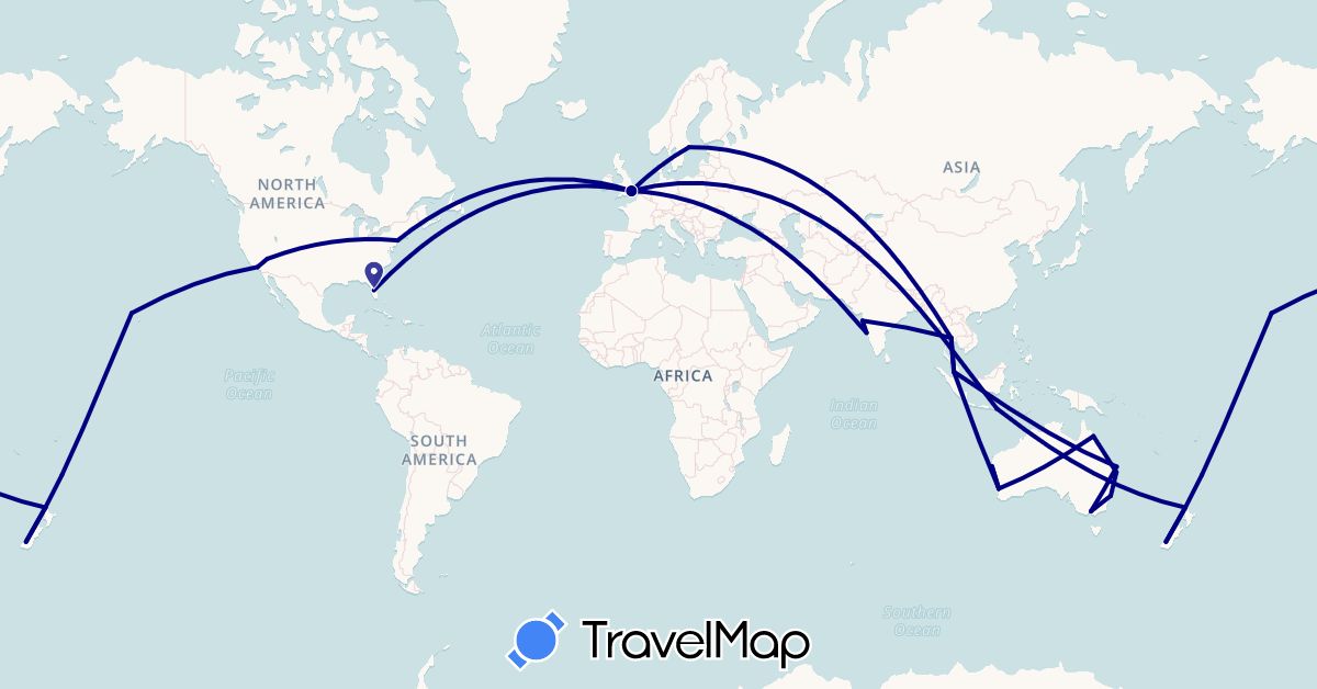 TravelMap itinerary: driving in Australia, United Kingdom, Indonesia, India, Malaysia, New Zealand, Sweden, Thailand, United States (Asia, Europe, North America, Oceania)